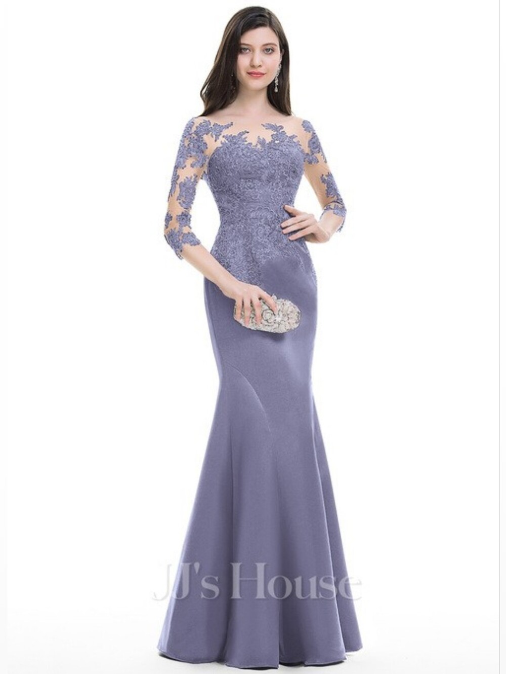 JJs House Slate Blue Illusion Lace Gown Dress